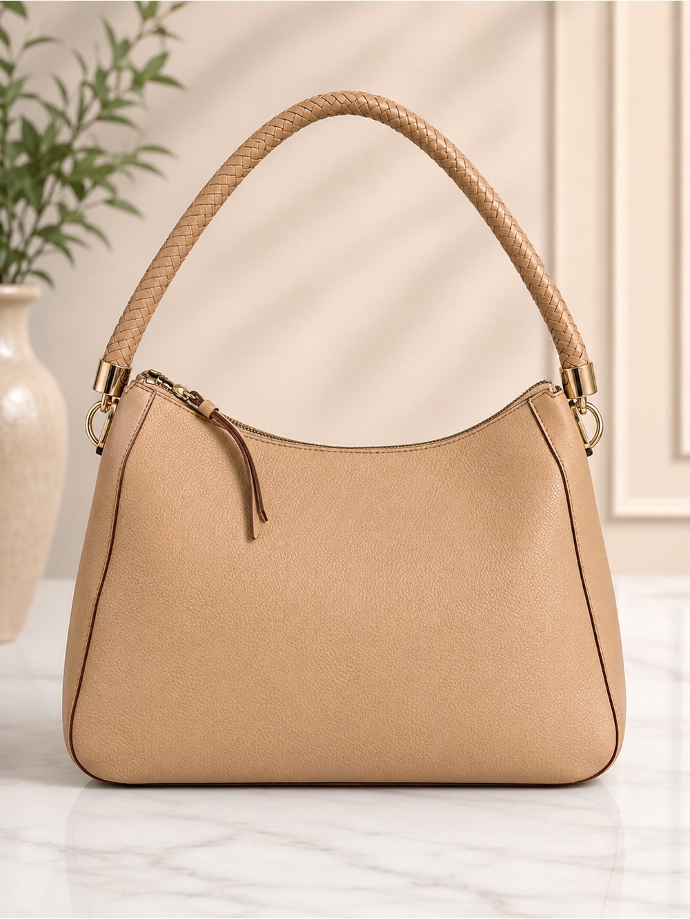 Cole Haan Tan Pebbled Leather Hobo Shoulder Bag Braided Handle hobo Zip Purse